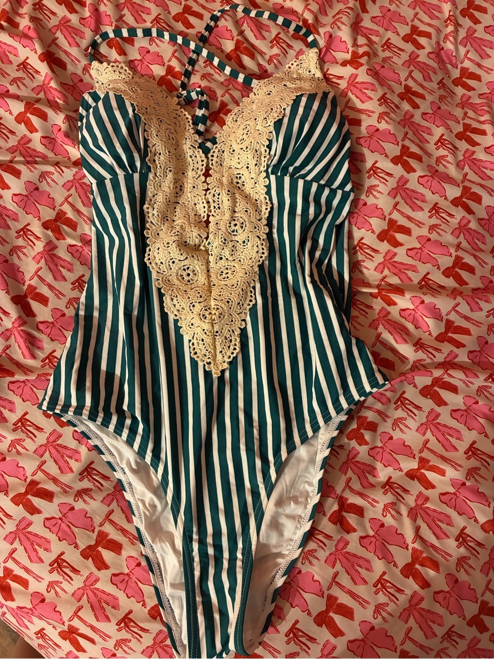 Striped One-Piece Swimsuit with Cream Lace Trim -